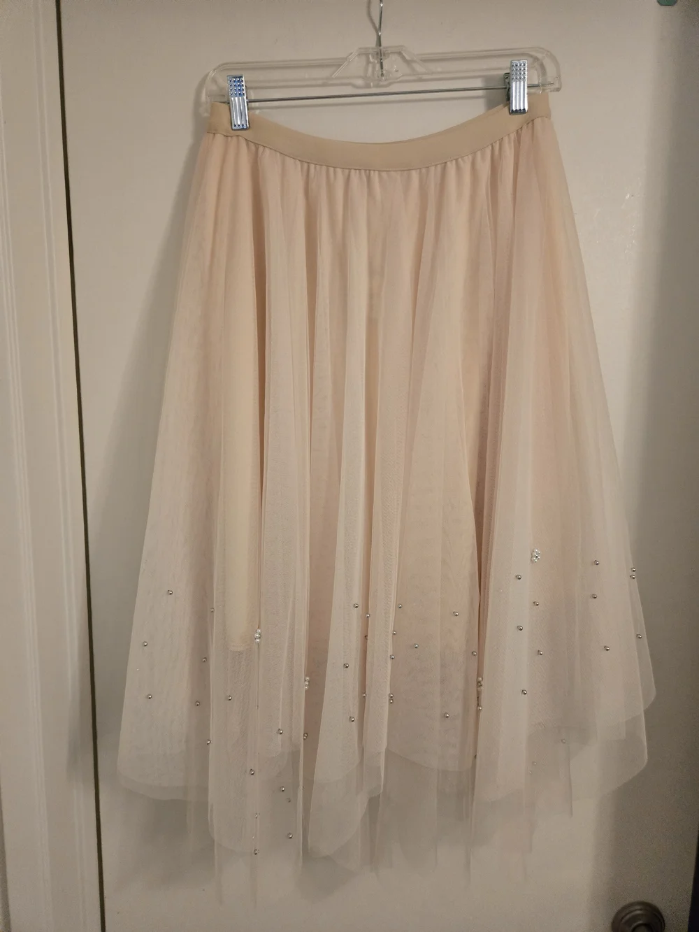 Apricot Pearl Embellished Tulle Midi Skirt - Picture 5 of 8